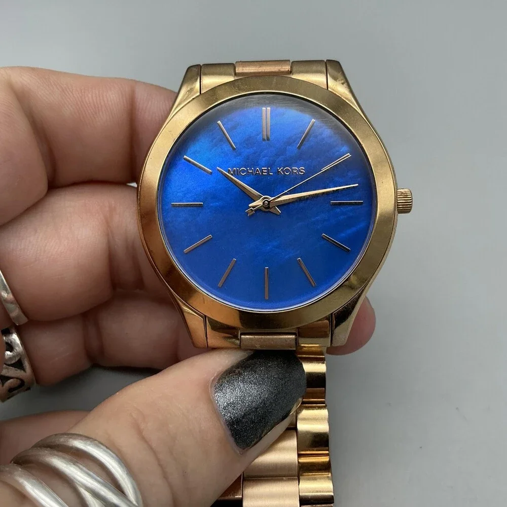 Michael Kors Womens Watch 42mm Blue Dial Gold Tone MK-3494 New Battery 6.5